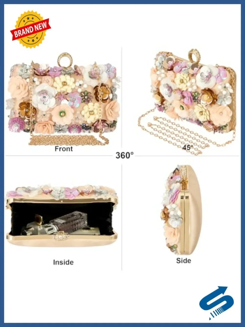 Womens Floral Sequin Rhinestone Evening Clutch with Detachable Chain
